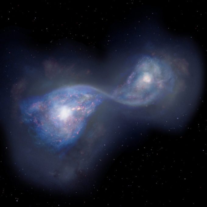 interaccion de galaxias en fusion observada por telescopio alma